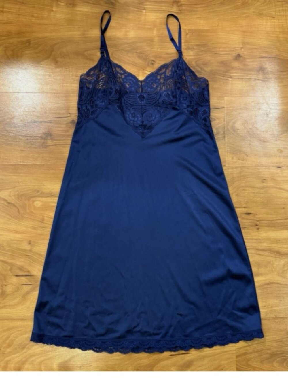 VTG Adonna Full Slip Sz 34 Navy Lace Trim Nylon Light Sleepwear USA